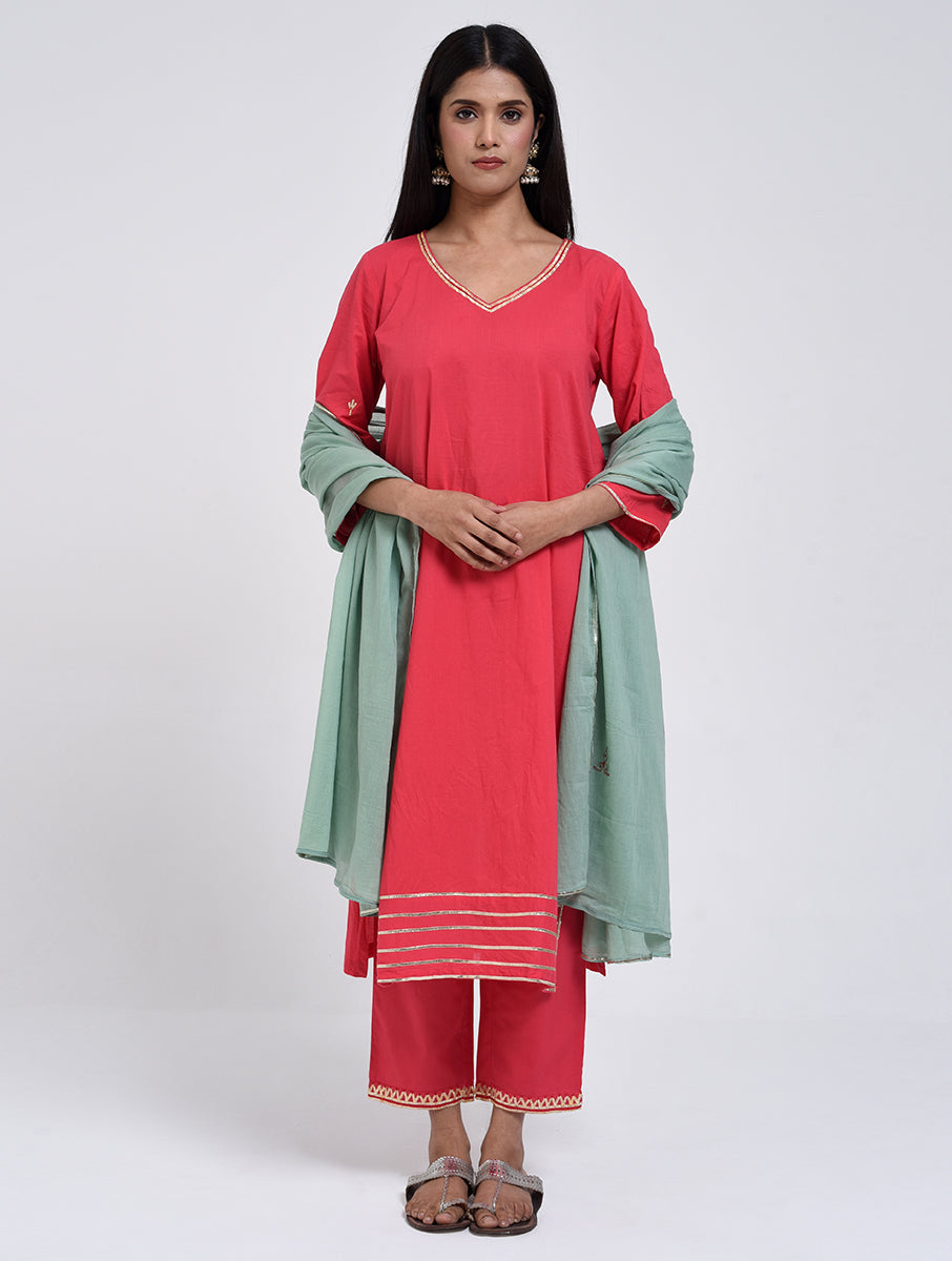 Chamki  Pink Cotton Gota Patti Kurta, Pants & Dupatta Set