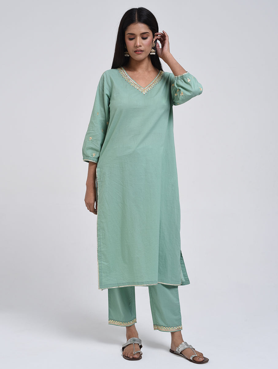 Chamki  Green Cotton Gota Patti Kurta, Pants & Dupatta