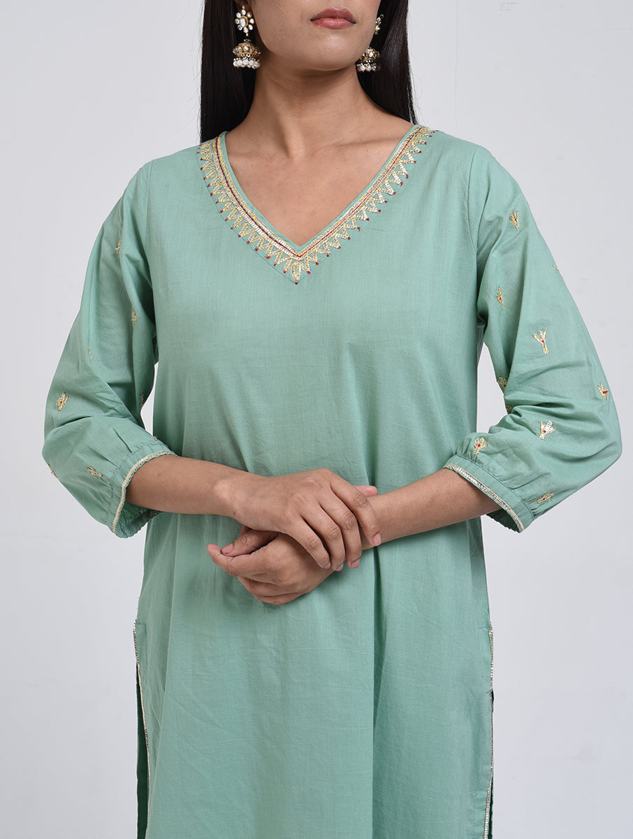 Chamki  Green Cotton Gota Patti Kurta, Pants & Dupatta