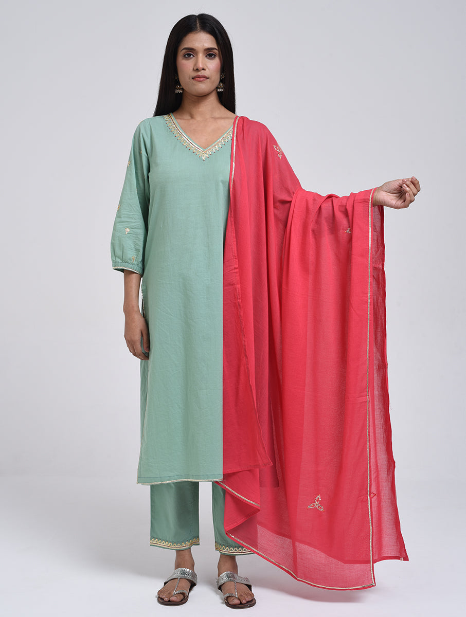 Chamki  Green Cotton Gota Patti Kurta, Pants & Dupatta