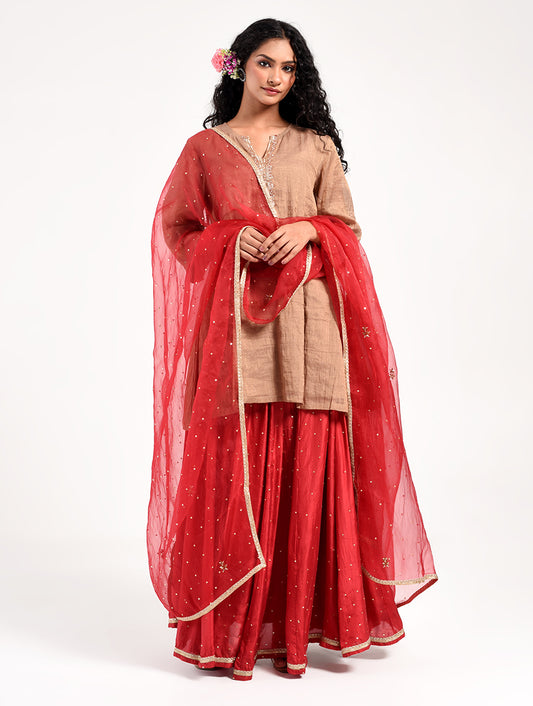 Khushbu Gold Kurta Skirt Dupatta  Set