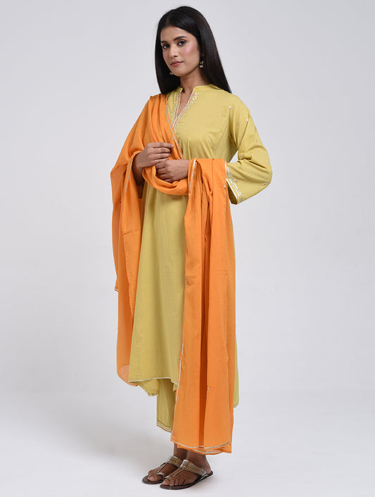 Chamki  Yellow Cotton Gota Patti Kurta, Pants & Dupatta
