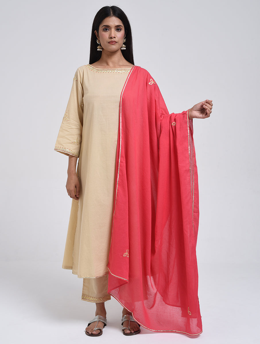 Chamki  Beige Cotton Gota Patti Kurta, Pants & Dupatta