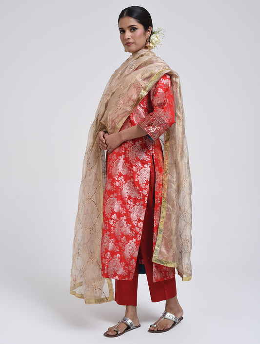 Kanchan Red Kurta, Pant and Dupatta Set