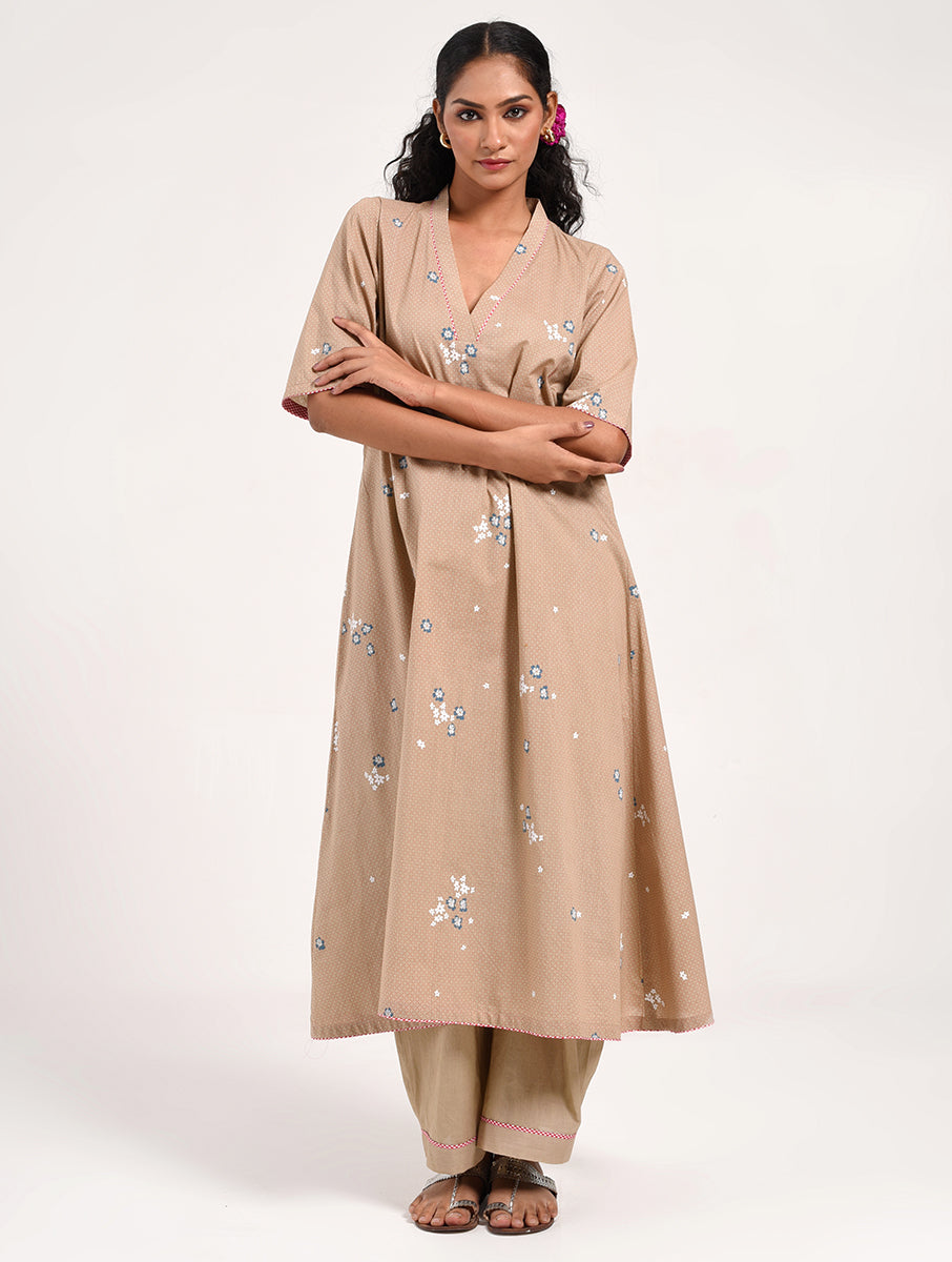 Within Beige V Neck  Kurta/Dress Pajama Set