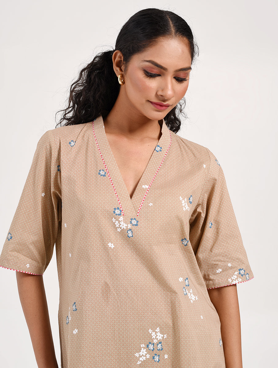 Within Beige V Neck  Kurta/Dress Pajama Set