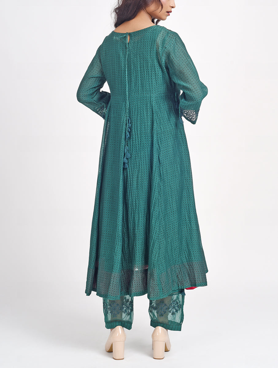 Exclusive Green Hand Embroidered Cotton Silk Anarkali Kurta for festive wear