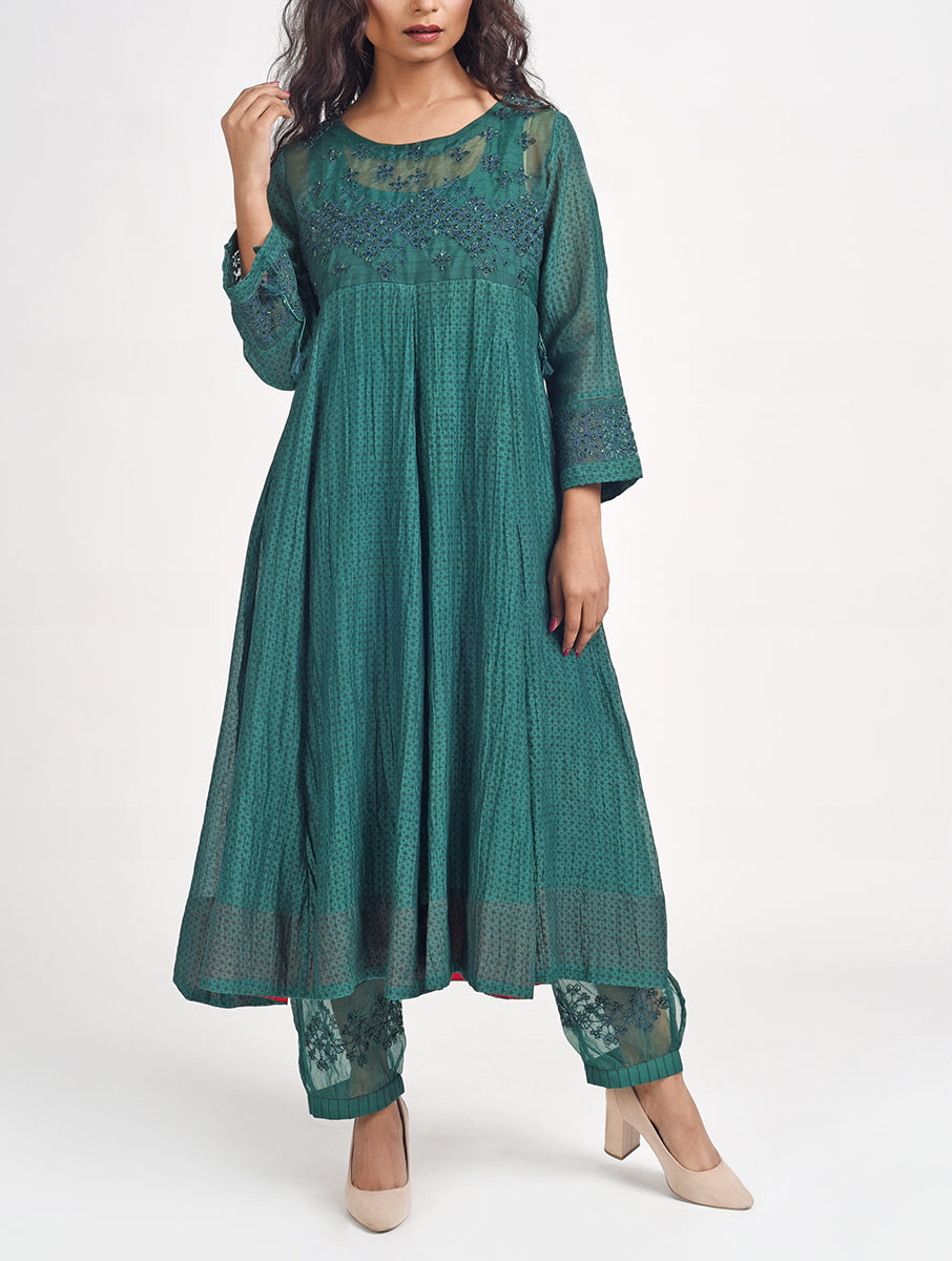 Exclusive Green Hand Embroidered Cotton Silk Anarkali Kurta for festive wear