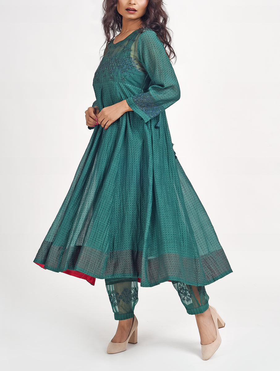 Exclusive Green Hand Embroidered Cotton Silk Anarkali Kurta for festive wear