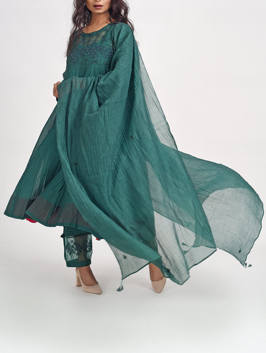 Women Green Color Hand Embroidered printed Cotton Silk Dupatta 