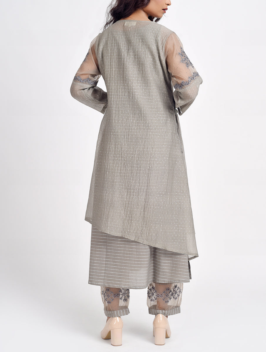 Designer Grey Hand Embroidered Cotton Silk Kurta for festive wear