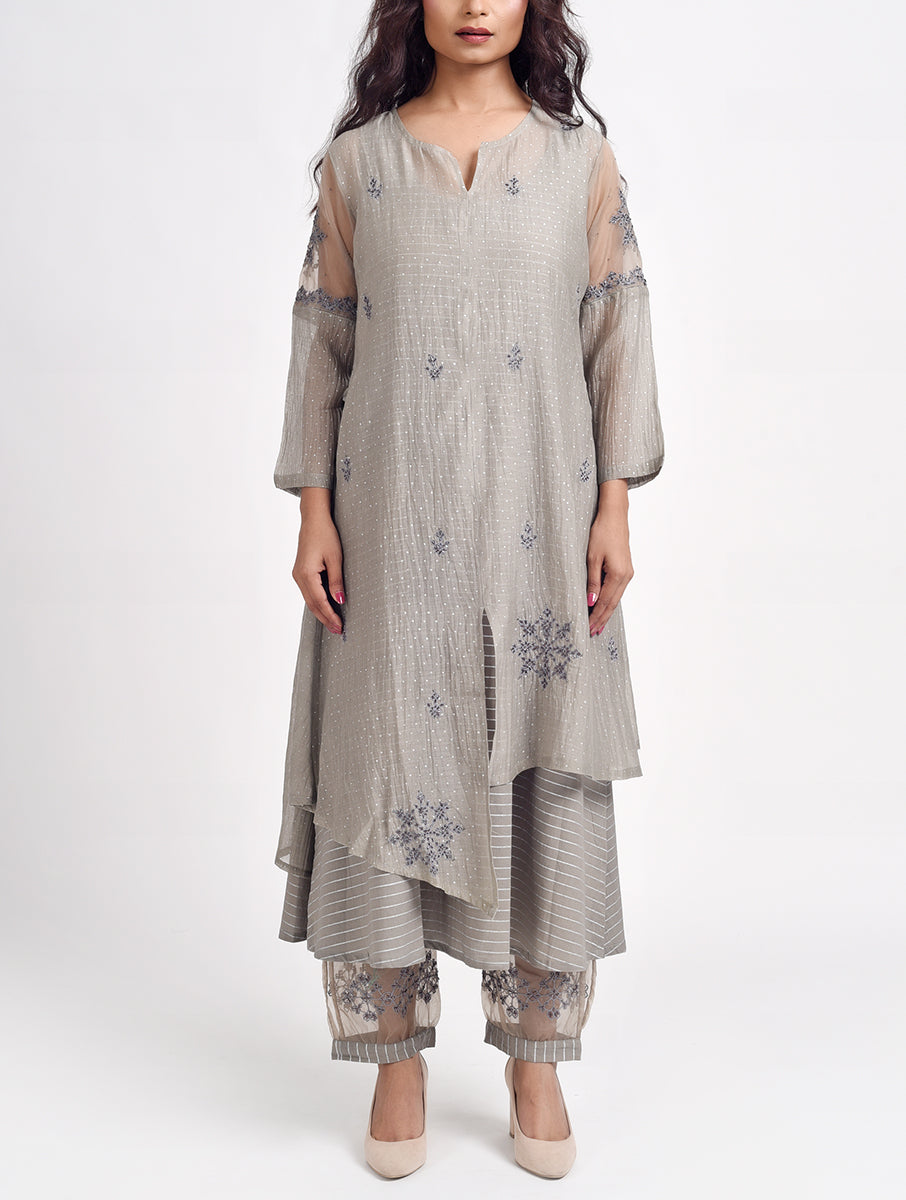 Women Grey Hand Embroidered Cotton Silk Pajama 