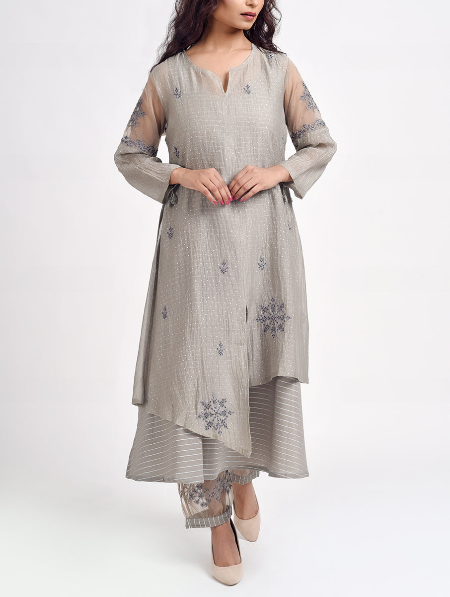 Designer Grey Hand Embroidered Cotton Silk Kurta for festive wear