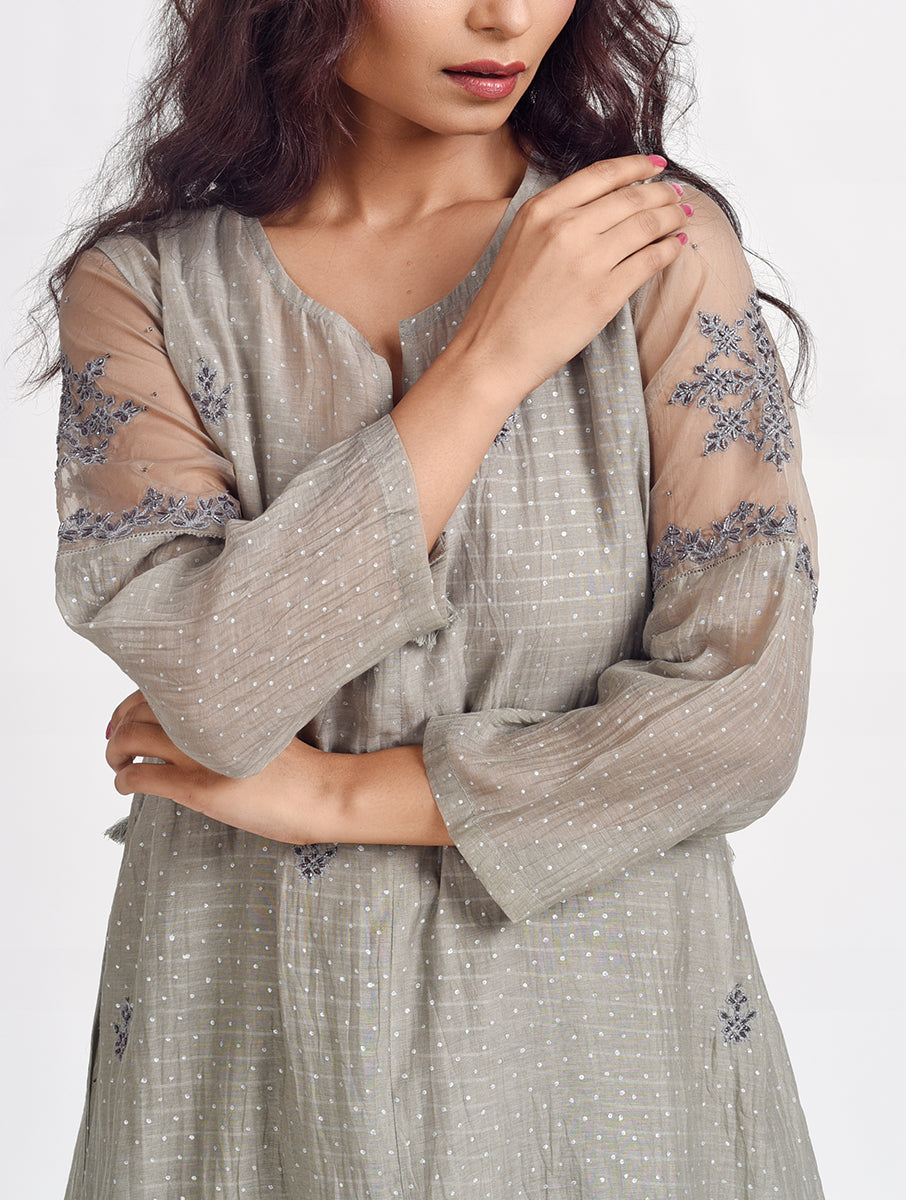 Designer Grey Hand Embroidered Cotton Silk Kurta for festive wear 