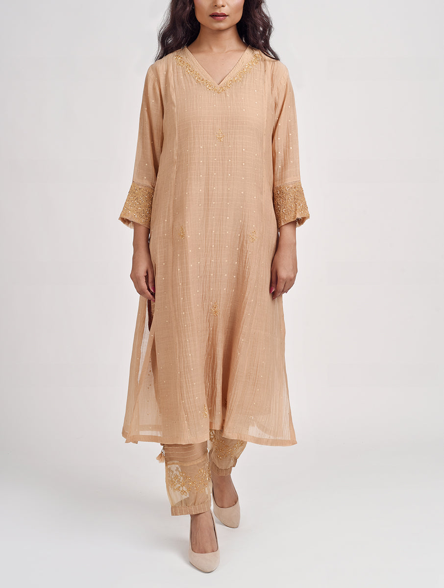 Women Beige Hand Embroidered Cotton Silk Kurta for festive wear 