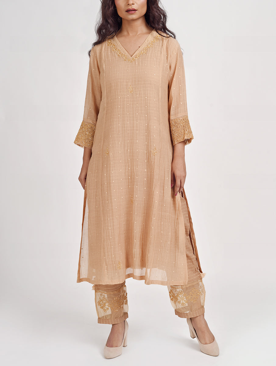 Women Beige Hand Embroidered Cotton Silk Kurta for festive wear 