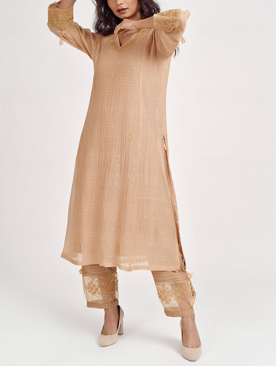 Women Beige Hand Embroidered Cotton Silk Kurta for festive wear 