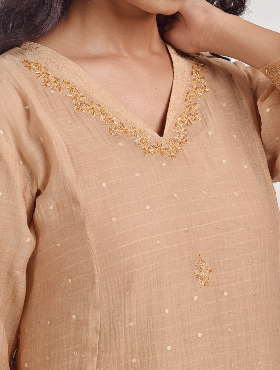 Women Beige Hand Embroidered Cotton Silk Kurta for festive wear 