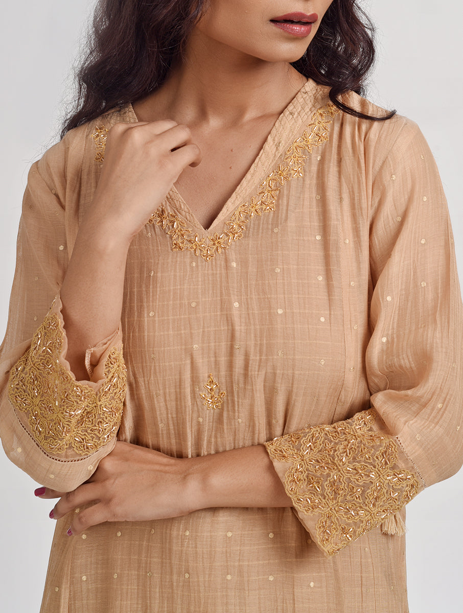 Women Beige Hand Embroidered Cotton Silk Kurta for festive wear 