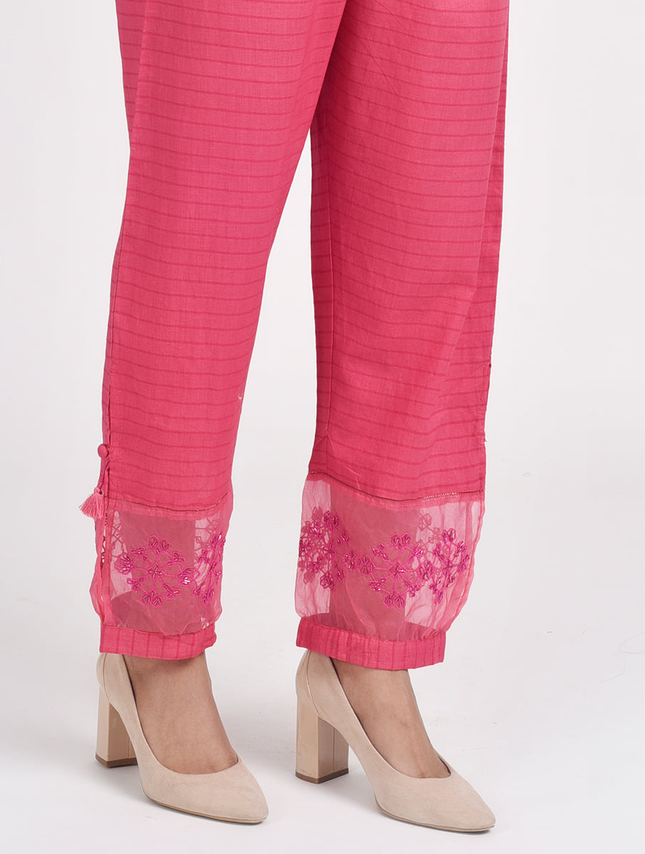 Women Pink Hand Embroidered Cotton Silk Pajama 