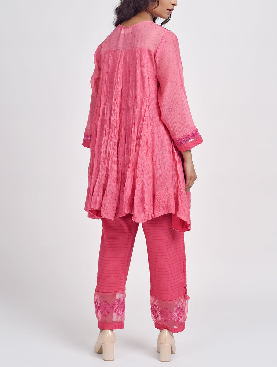 Women Pink Hand Embroidered Cotton Silk Short Anarkali Kurta for festive wear