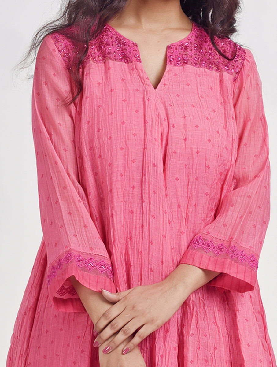 Women Pink Hand Embroidered Cotton Silk Short Anarkali Kurta for festive wear