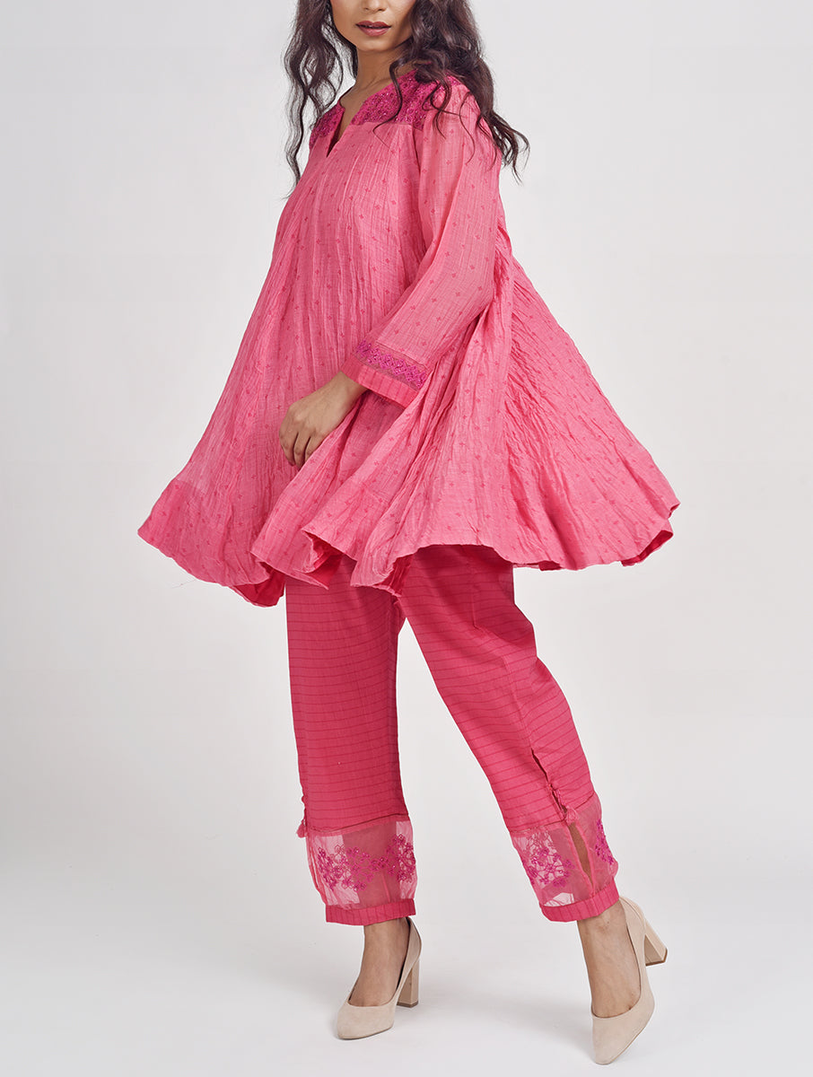 Women Pink Hand Embroidered Cotton Silk Short Anarkali Kurta for festive wear