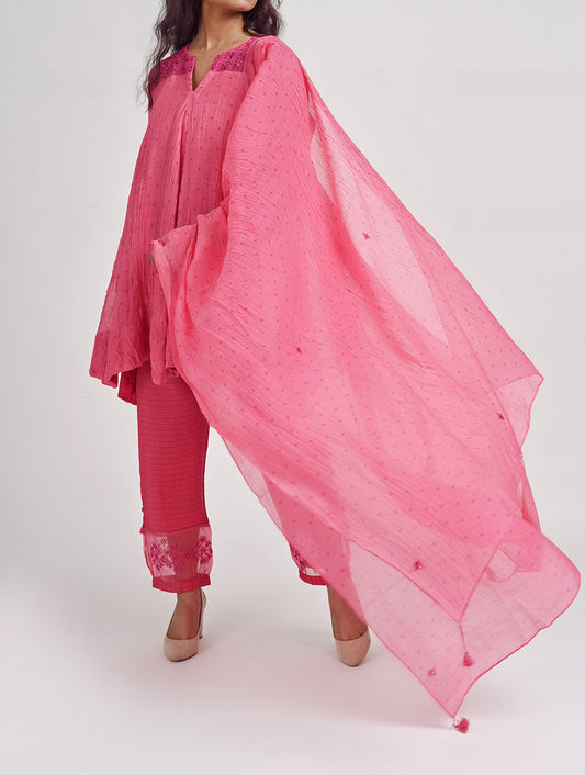 Women Pink Color Hand Embroidered printed Cotton Silk Dupatta 