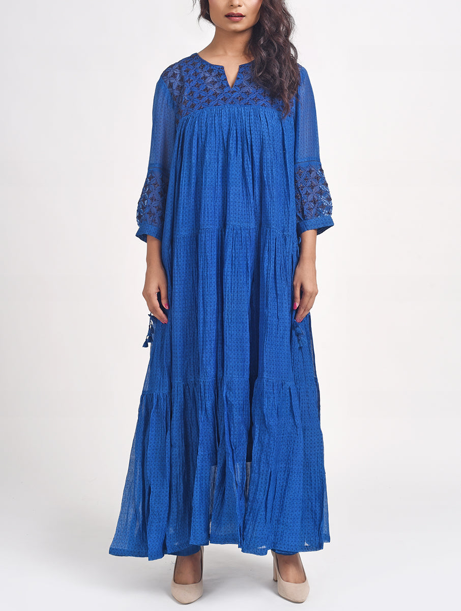 Women Blue Hand Embroidered Cotton Silk Kurta for festive wear 