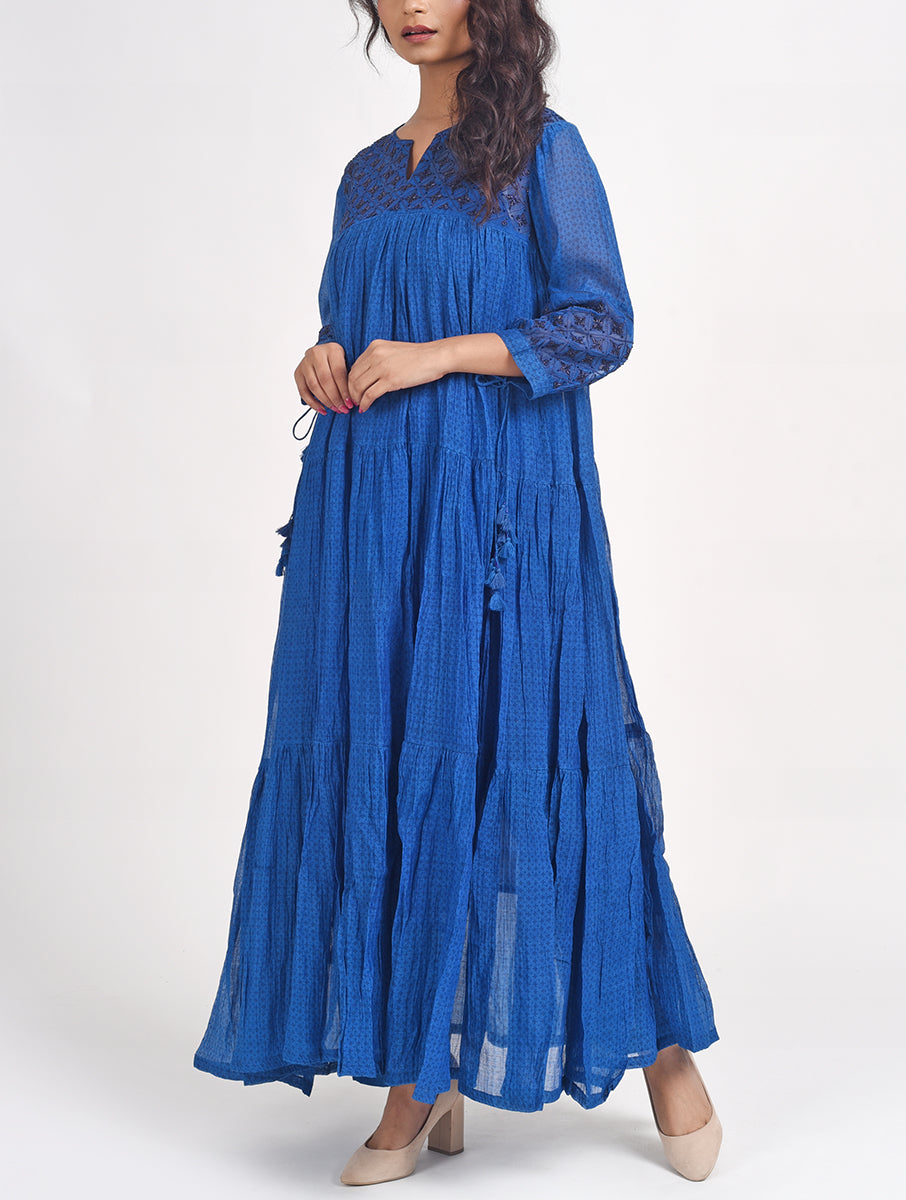 Women Blue Hand Embroidered Cotton Silk Kurta for festive wear 