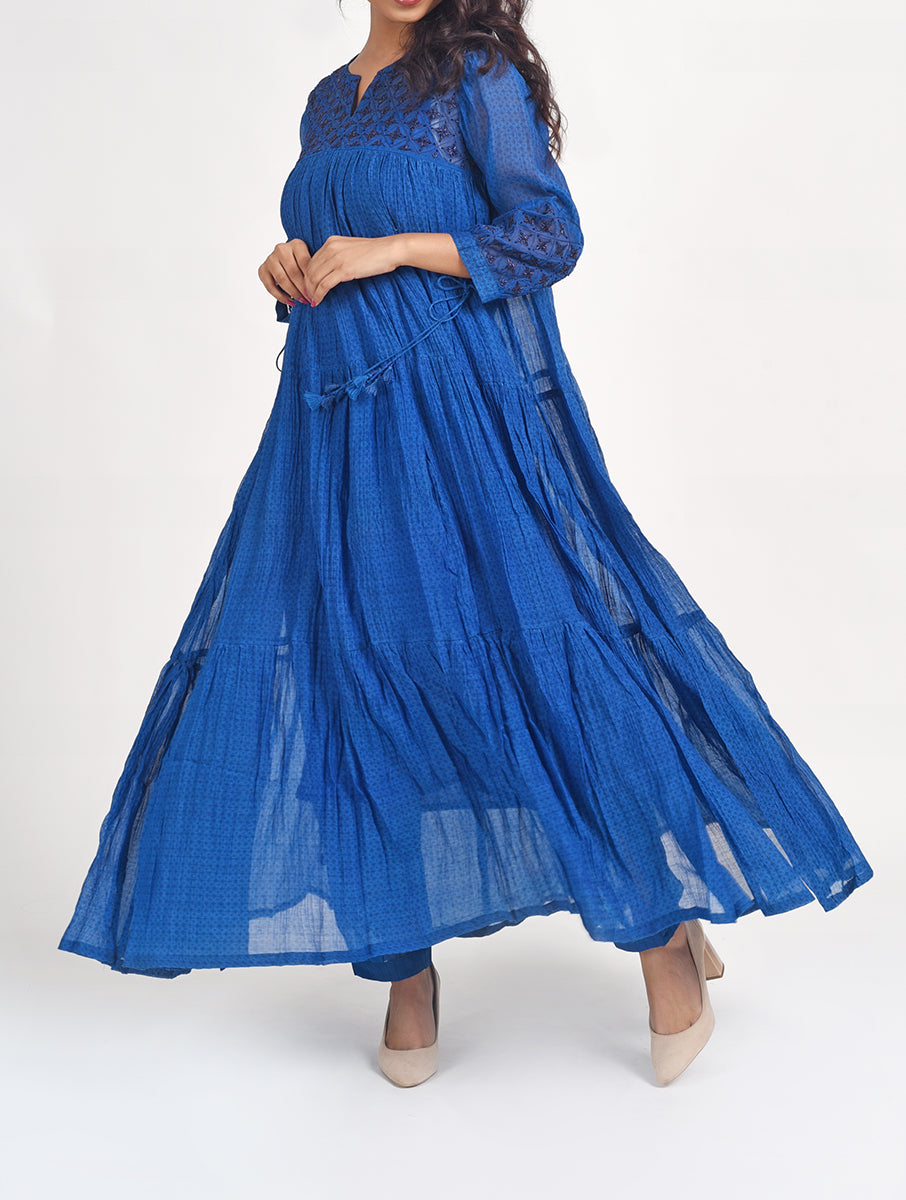 Women Blue Hand Embroidered Cotton Silk Kurta for festive wear 