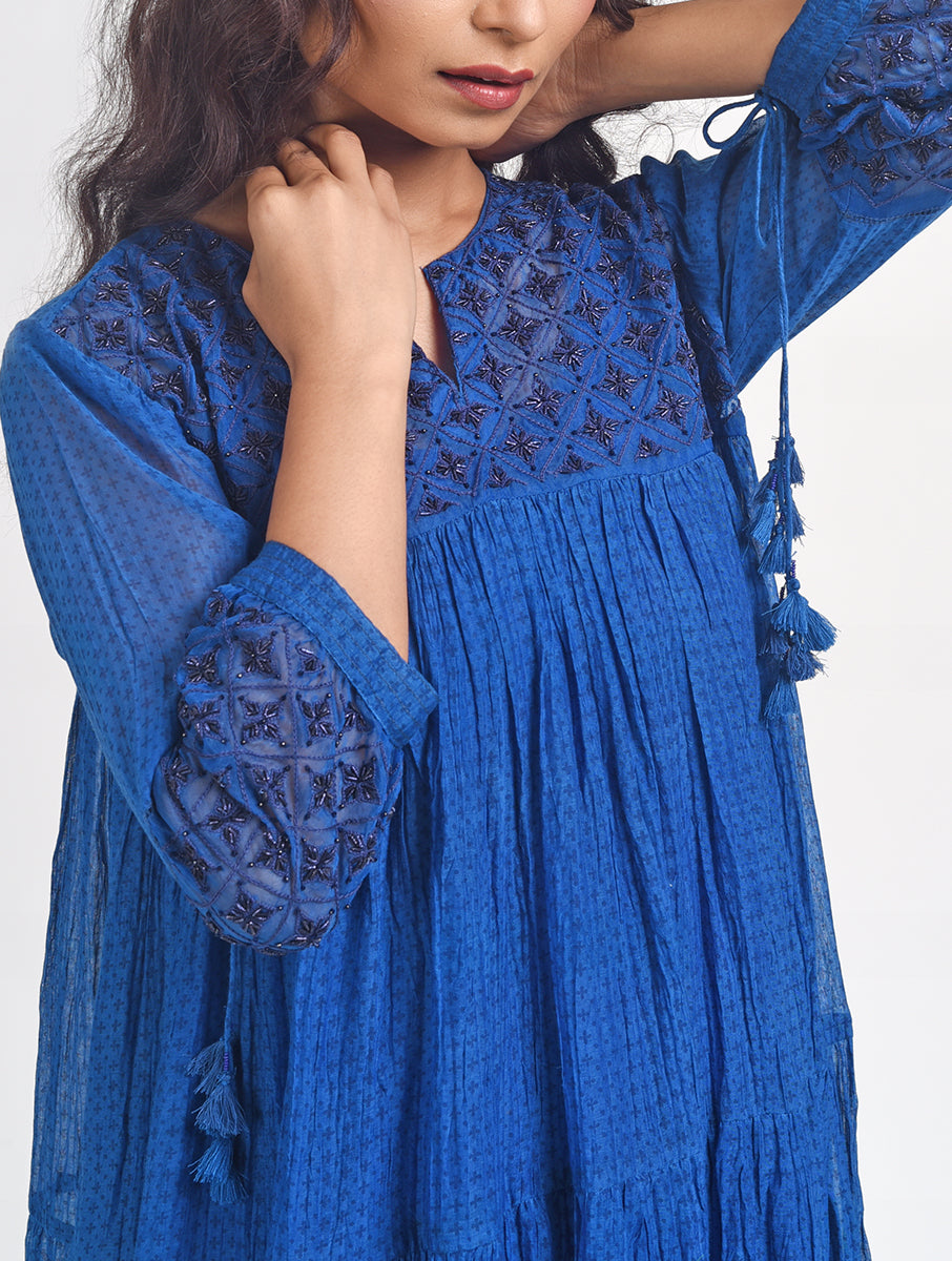 Women Blue Hand Embroidered Cotton Silk Kurta for festive wear 