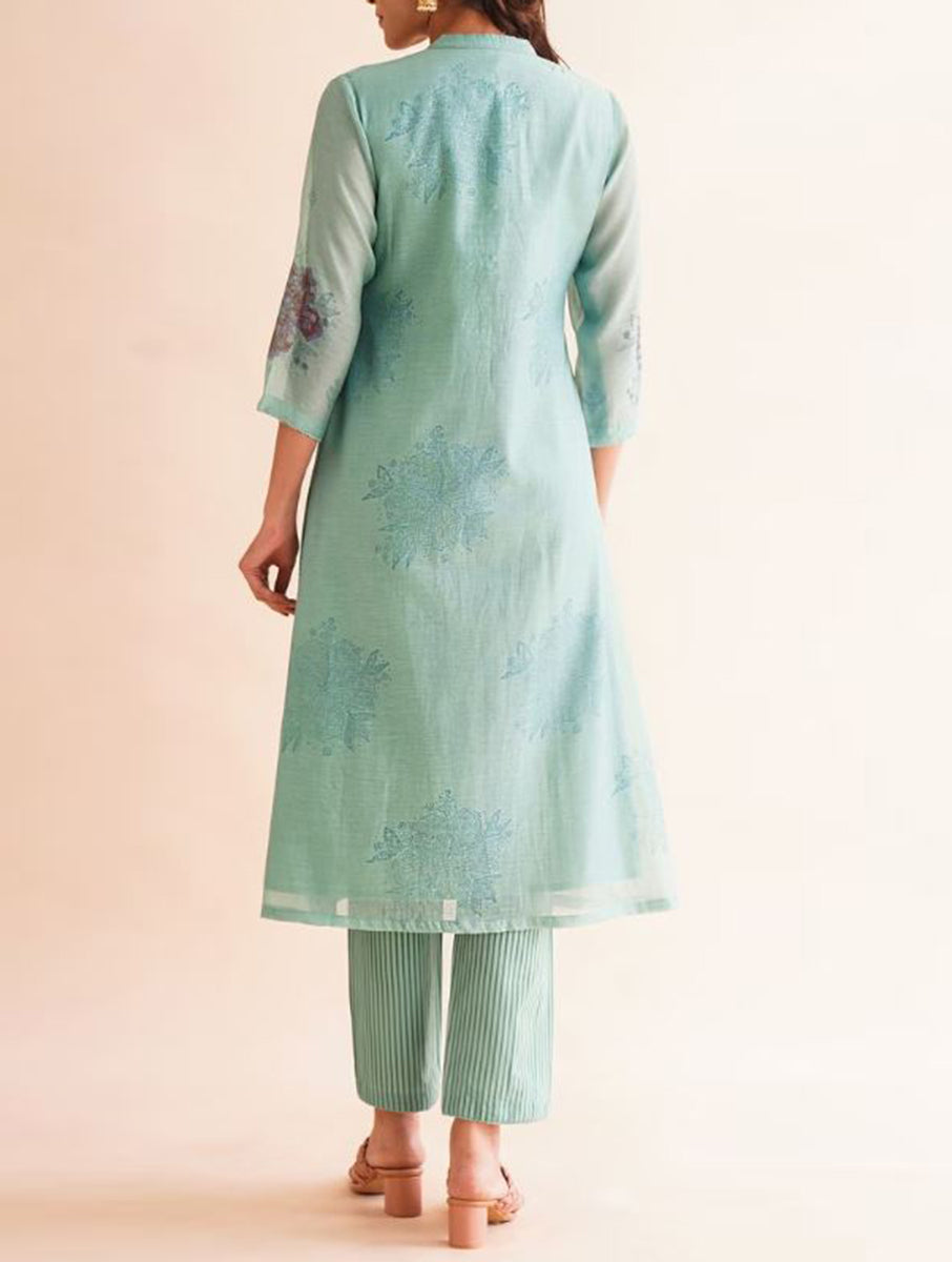 Gudhal Blue Cotton Silk Block Print Kurta, Pants & Dupatta