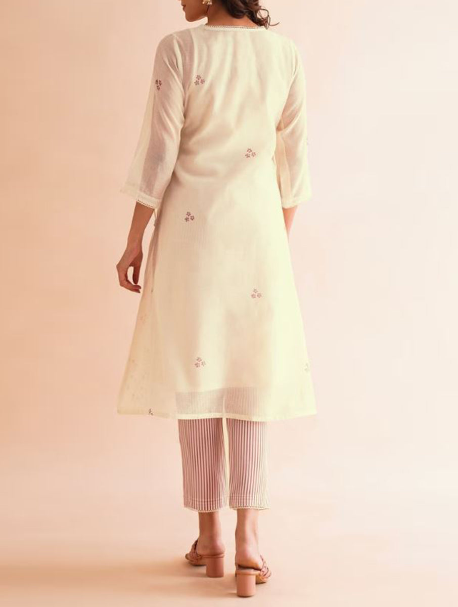 Gudhal White Cotton Silk Block Print Kurta, Pants & Dupatta