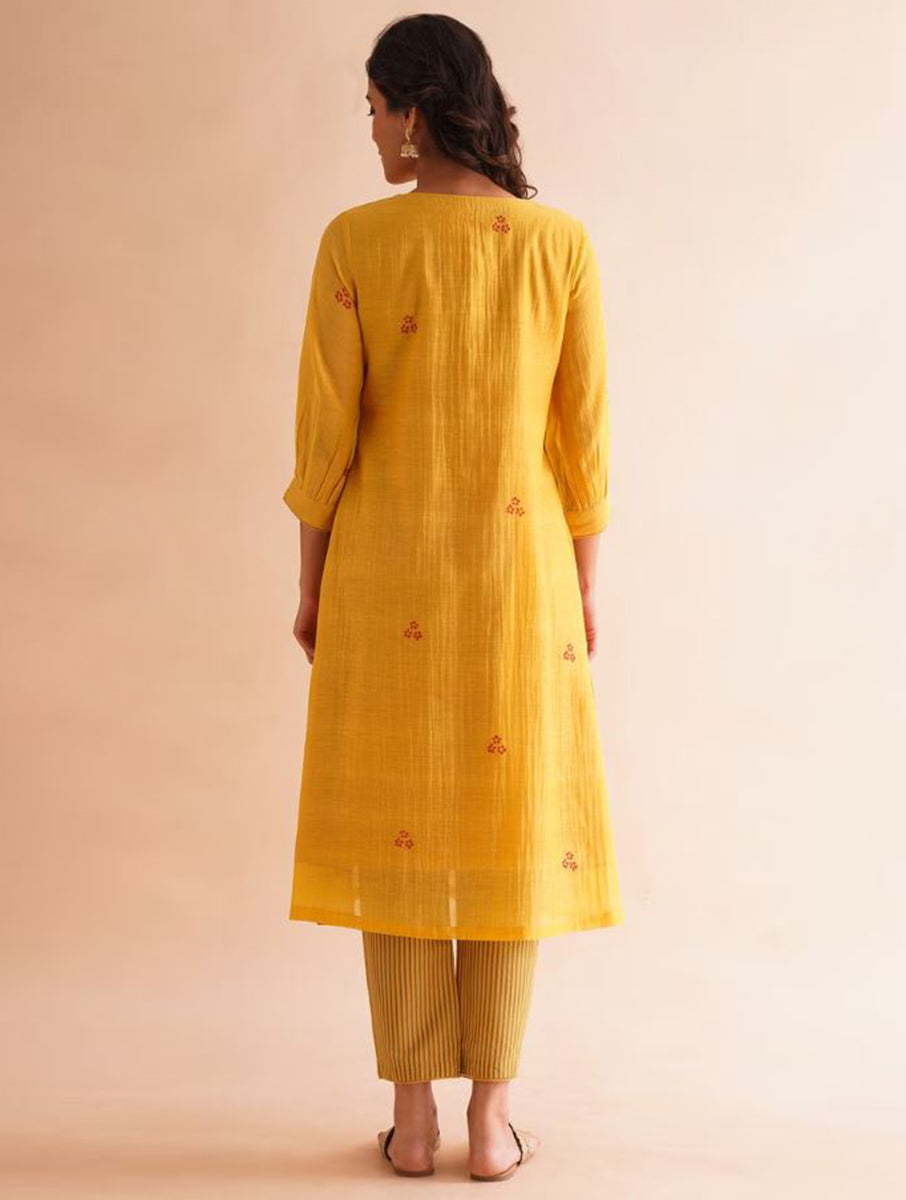 Gudhal Yellow Cotton Silk Block Print Kurta, Pants & Dupatta