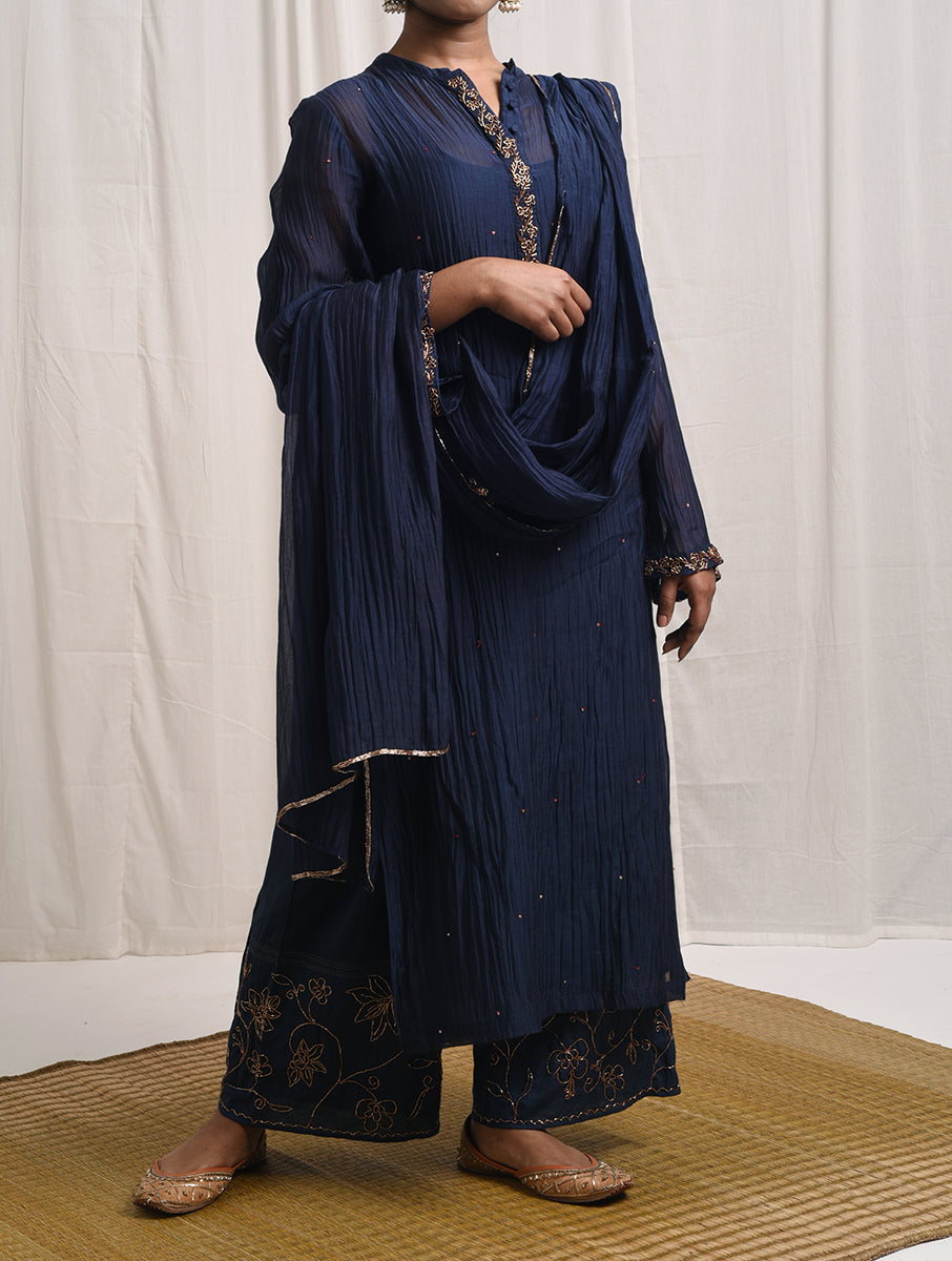 Chanderi cotton silk Blue color hand embroidered zardozi collar Neck long kurta pajama dupatta set