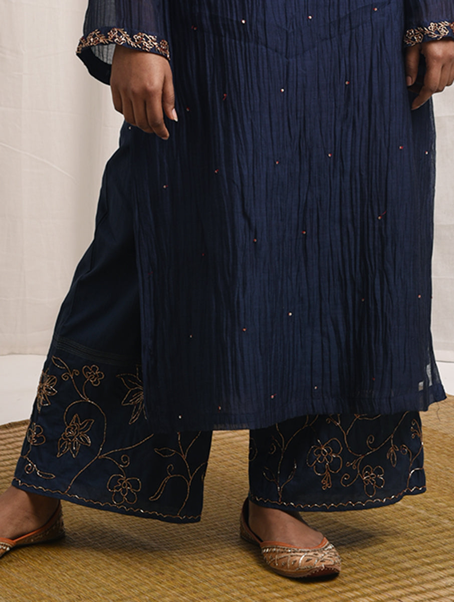 Chanderi cotton silk Blue color hand embroidered zardozi collar Neck long kurta pajama dupatta set