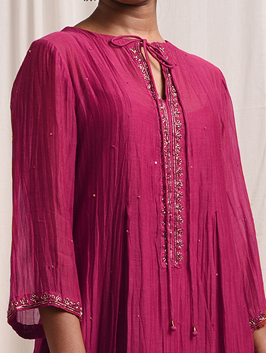 women  pink color hand zardozi  embroidered Chanderi kurta pajama & dupatta set