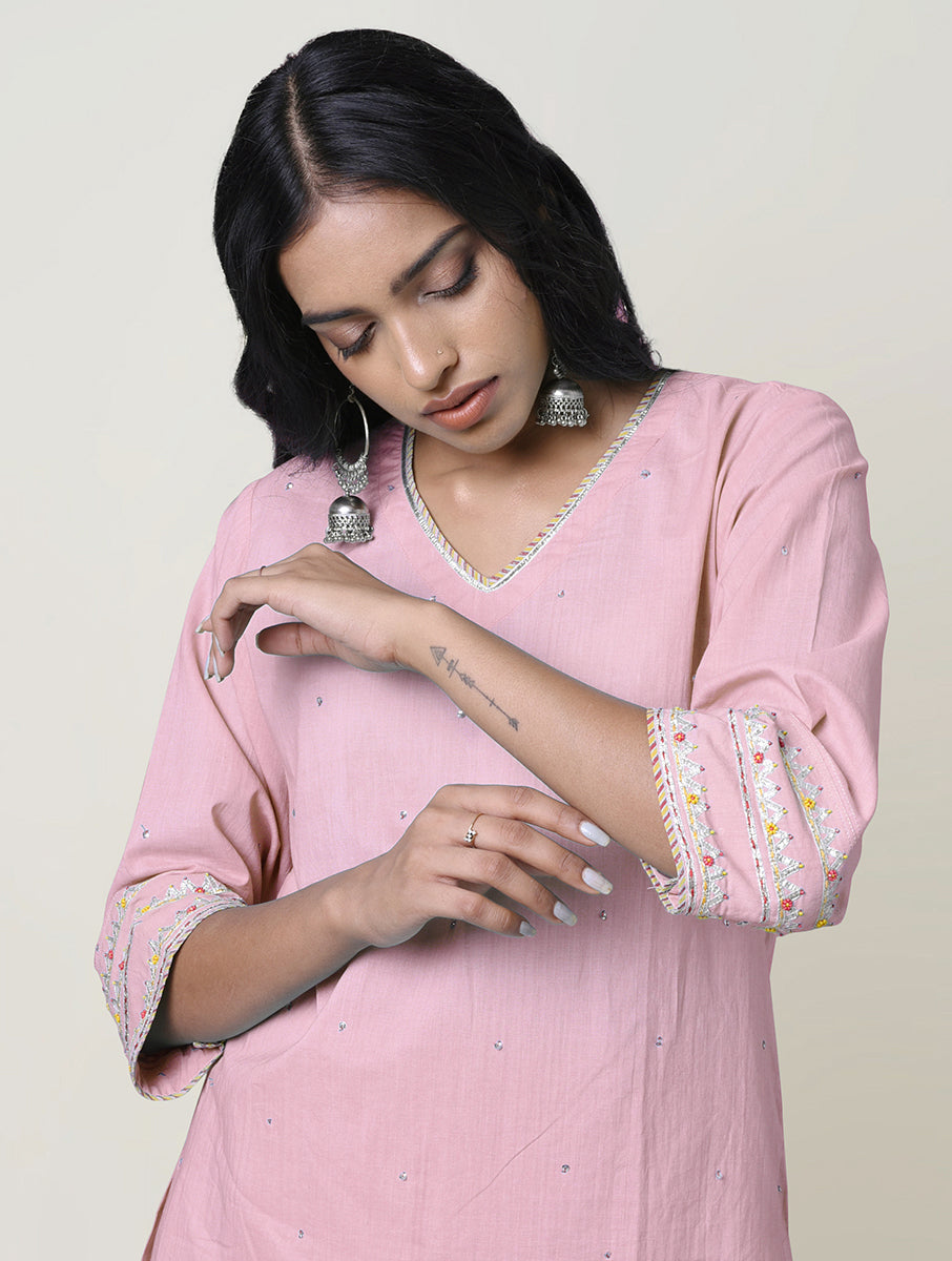 Women  Gota Hand Embroidered V Neck Cotton Kurta for festive Occasions