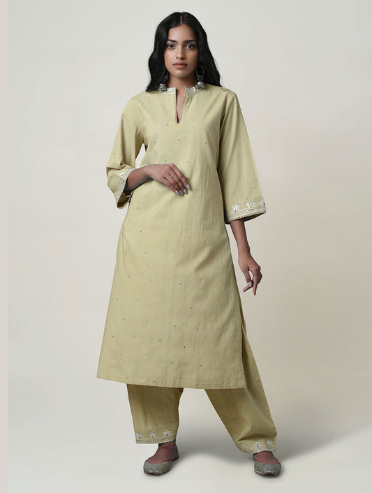 Women  Gota Hand Embroidered Collared Cotton Kurta for festive Occasions