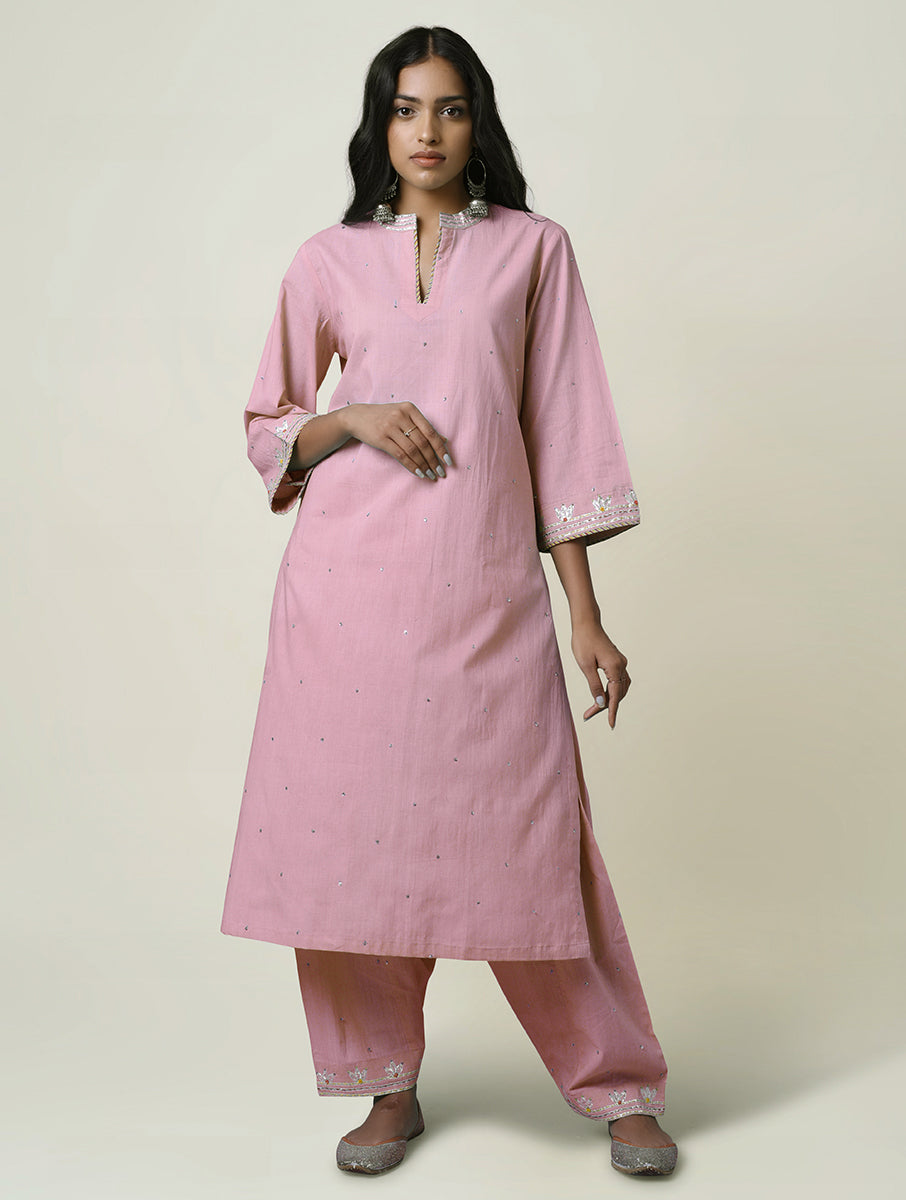 Women  Gota Hand Embroidered Collar Cotton Kurta for festive Occasions