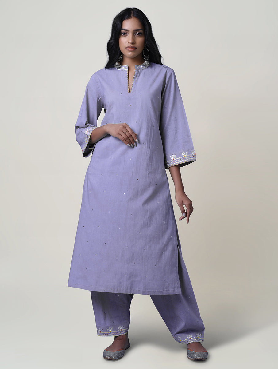 Women  Silver Hand Embroidered  Cotton Kurta for festive Occasions