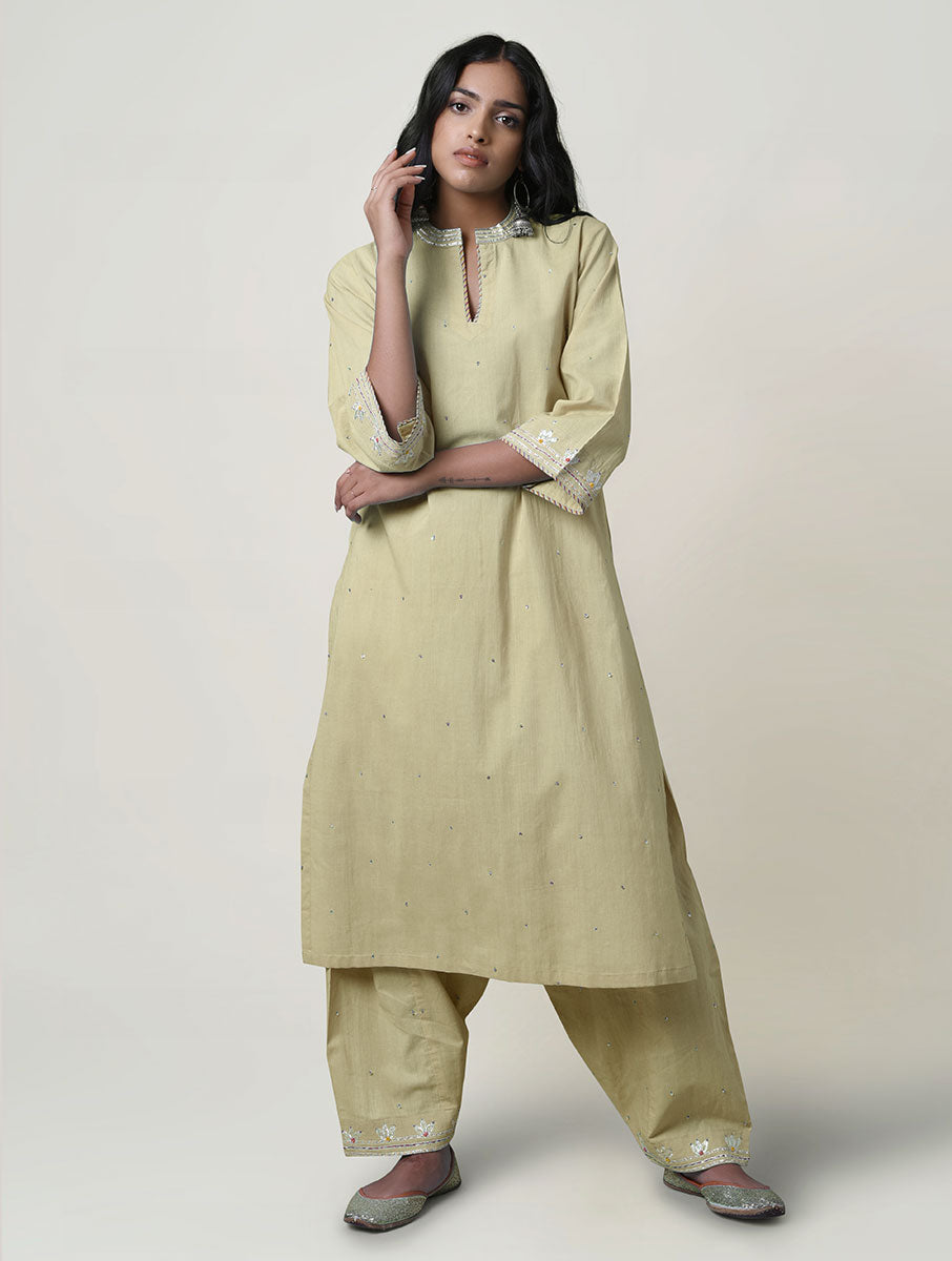 Women  Gota Hand Embroidered Collared Cotton Kurta for festive Occasions