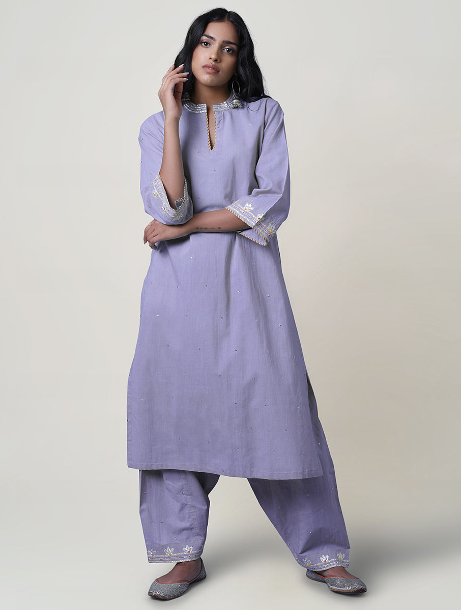 Women  Silver Hand Embroidered  Cotton Kurta for festive Occasions