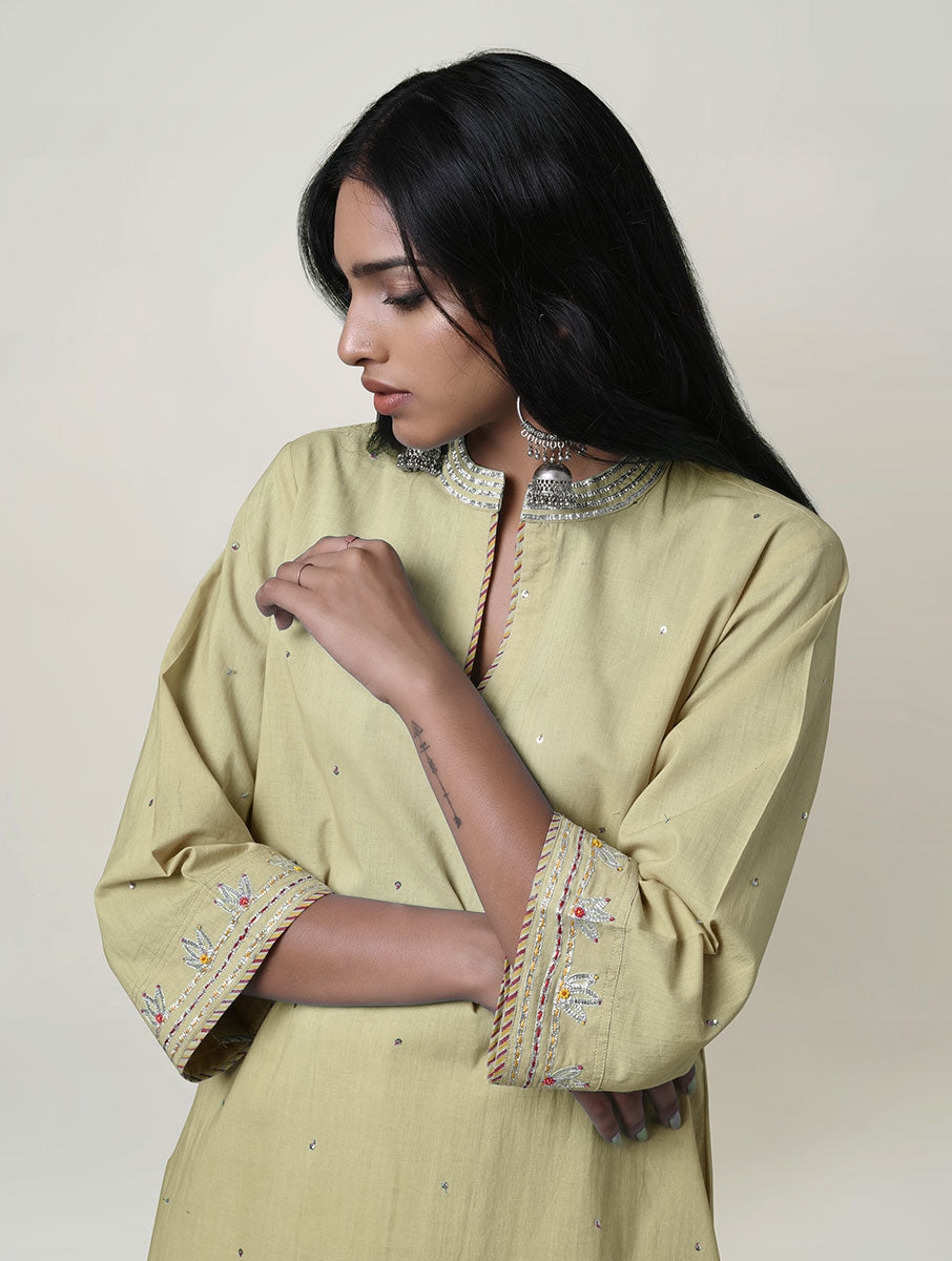 Women  Gota Hand Embroidered Collared Cotton Kurta for festive Occasions