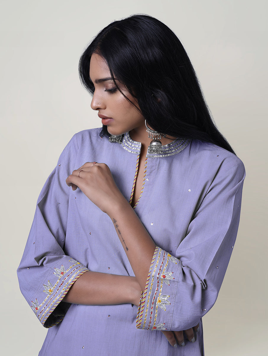 Women  Silver Hand Embroidered  Cotton Kurta for festive Occasions