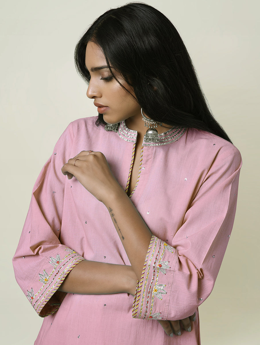 Women  Gota Hand Embroidered Collar Cotton Kurta for festive Occasions