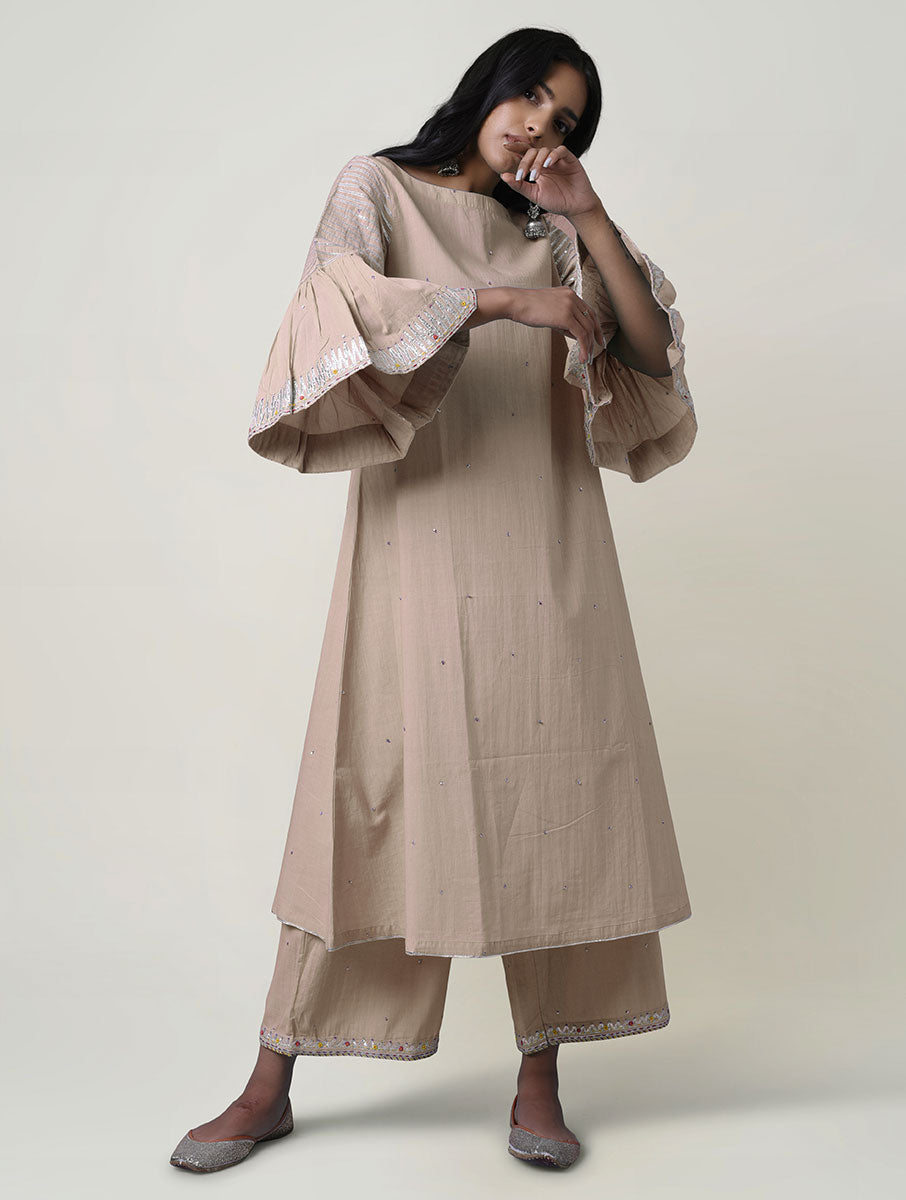 Women  Gota Hand Embroidered Beige Cotton Kurta for festive Occasions