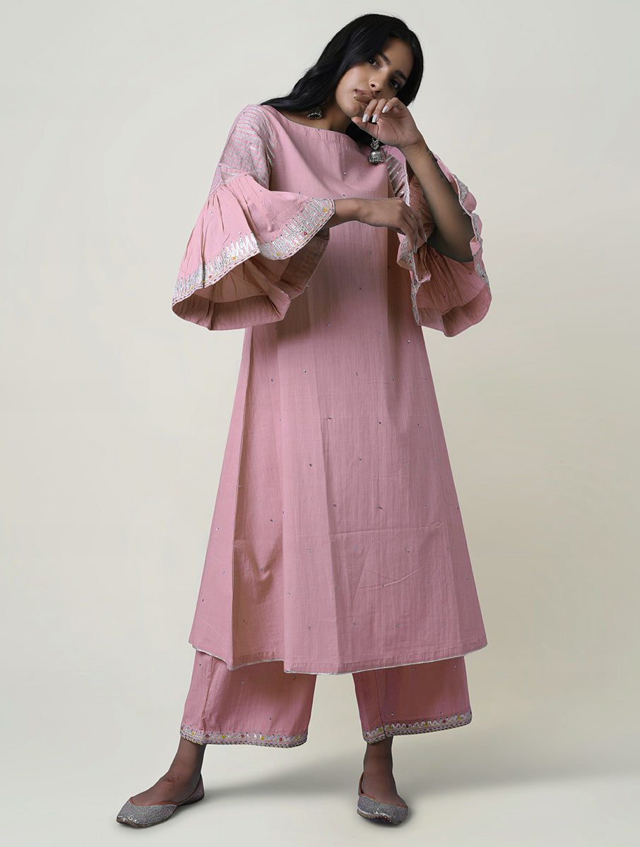 Women  Gota Hand Embroidered Boat Neck Cotton Kurta for festive Occasion.