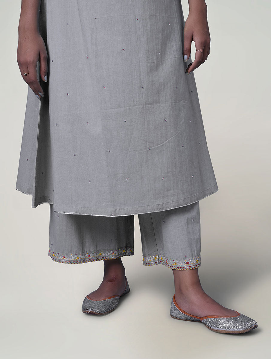 Women  Gota Hand Embroidered  Grey Cotton Pajama for festive Occasions